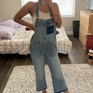Patchwork Wide Leg Denim Overalls